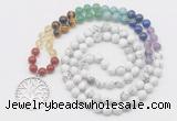 GMN6022 Knotted 7 Chakra 8mm, 10mm white howlite 108 beads mala necklace with charm