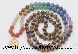 GMN6024 Knotted 7 Chakra 8mm, 10mm yellow tiger eye 108 beads mala necklace with charm