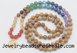 GMN6025 Knotted 7 Chakra 8mm, 10mm picture jasper 108 beads mala necklace with charm