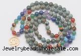 GMN6026 Knotted 7 Chakra 8mm, 10mm African turquoise 108 beads mala necklace with charm