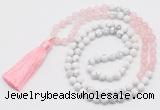 GMN6102 Knotted 8mm, 10mm rose quartz & white howlite 108 beads mala necklace with tassel