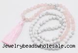 GMN6103 Knotted 8mm, 10mm rose quartz & white howlite 108 beads mala necklace with tassel