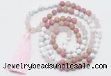 GMN6104 Knotted 8mm, 10mm white howlite, pink jasper & rose quartz 108 beads mala necklace with tassel