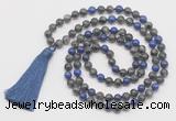 GMN6112 Knotted 8mm, 10mm black labradorite & lapis lazuli 108 beads mala necklace with tassel