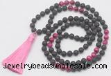 GMN6116 Knotted 8mm, 10mm black lava & red tiger eye 108 beads mala necklace with tassel