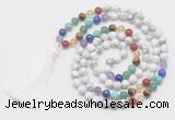 GMN6121 Knotted 7 Chakra 8mm, 10mm white howlite 108 beads mala necklace with tassel