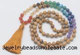 GMN6125 Knotted 7 Chakra 8mm, 10mm picture jasper 108 beads mala necklace with tassel