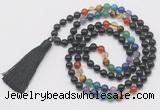 GMN6127 Knotted 7 Chakra 8mm, 10mm black obsidian 108 beads mala necklace with tassel