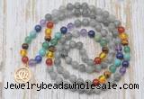 GMN6137 Knotted 7 Chakra 8mm, 10mm labradorite 108 beads mala necklace with charm