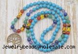 GMN6140 Knotted 7 Chakra 8mm, 10mm turquoise 108 beads mala necklace with charm