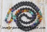 GMN6143 Knotted 7 Chakra 8mm, 10mm black lava 108 beads mala necklace with charm