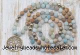 GMN6144 Knotted 8mm, 10mm matte amazonite & picture jasper 108 beads mala necklace with charm