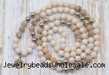 GMN6145 Knotted 8mm, 10mm white fossil jasper & picture jasper 108 beads mala necklace with charm