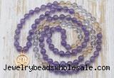 GMN6153 Knotted 8mm, 10mm amethyst, citrine & white crystal 108 beads mala necklace with charm