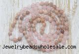 GMN6155 Knotted 8mm, 10mm sunstone, rose quartz & white jade 108 beads mala necklace with charm