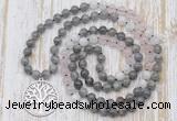 GMN6156 Knotted 8mm, 10mm labradorite, rose quartz & white moonstone 108 beads mala necklace with charm