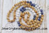 GMN6157 Knotted 8mm, 10mm golden tiger eye, lapis lazuli & matte white howlite 108 beads mala necklace with charm