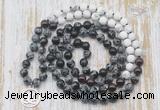 GMN6159 Knotted 8mm, 10mm snowflake obsidian, garnet & matte white howlite 108 beads mala necklace with charm