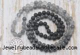 GMN6170 Knotted 8mm, 10mm black lava, black labradorite & cloudy quartz 108 beads mala necklace with charm