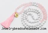 GMN6202 Knotted rose quartz & white howlite 108 beads mala necklace with tassel & charm