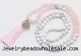 GMN6203 Knotted matte rose quartz & white howlite 108 beads mala necklace with tassel & charm