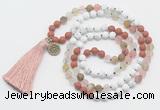 GMN6205 Knotted white howlite, cherry quartz & red jasper 108 beads mala necklace with tassel & charm