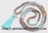 GMN6207 Knotted 8mm, 10mm matte amazonite & jasper 108 beads mala necklace with tassel & charm