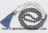 GMN6210 Knotted black labradorite & matte white howlite 108 beads mala necklace with tassel & charm