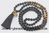 GMN6211 Knotted 8mm, 10mm matte black agate & yellow tiger eye 108 beads mala necklace with tassel & charm