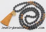 GMN6215 Knotted black lava & yellow tiger eye 108 beads mala necklace with tassel & charm