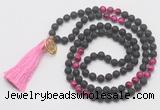 GMN6216 Knotted black lava & red tiger eye 108 beads mala necklace with tassel & charm