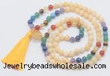 GMN6220 Knotted 7 Chakra honey jade 108 beads mala necklace with tassel & charm