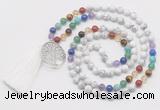 GMN6221 Knotted 7 Chakra white howlite 108 beads mala necklace with tassel & charm