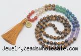 GMN6224 Knotted 7 Chakra 8mm, 10mm yellow tiger eye 108 beads mala necklace with tassel & charm