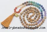 GMN6225 Knotted 7 Chakra picture jasper 108 beads mala necklace with tassel & charm