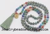 GMN6226 Knotted 7 Chakra African turquoise 108 beads mala necklace with tassel & charm