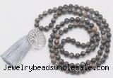 GMN6231 Knotted 8mm, 10mm grey opal 108 beads mala necklace with tassel & charm