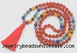 GMN6241 Knotted 7 Chakra 8mm, 10mm red agate 108 beads mala necklace with tassel