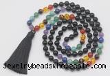 GMN6242 Knotted 7 Chakra 8mm, 10mm black agate 108 beads mala necklace with tassel