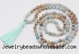 GMN6244 Knotted 8mm, 10mm matte amazonite & picture jasper 108 beads mala necklace with tassel