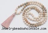 GMN6245 Knotted 8mm, 10mm white fossil jasper & picture jasper 108 beads mala necklace with tassel