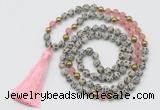 GMN6247 Knotted 8mm, 10mm dalmatian jasper & cherry quartz 108 beads mala necklace with tassel