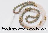 GMN6249 Knotted 8mm, 10mm unakite, white jade & hematite 108 beads mala necklace with tassel