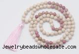 GMN6250 Knotted 8mm, 10mm white fossil jasper & pink wooden jasper 108 beads mala necklace with tassel