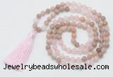 GMN6255 Knotted 8mm, 10mm sunstone, rose quartz & white jade 108 beads mala necklace with tassel