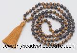 GMN6258 Knotted 8mm, 10mm yellow tiger eye, garnet & smoky quartz 108 beads mala necklace with tassel