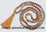 GMN6260 Knotted 8mm, 10mm picture jasper & red jasper 108 beads mala necklace with tassel