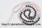 GMN6262 Knotted 8mm, 10mm black agate, rose quartz & white howlite 108 beads mala necklace with tassel