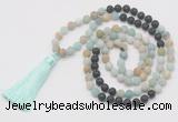 GMN6263 Knotted 8mm, 10mm matte amazonite & black lava 108 beads mala necklace with tassel