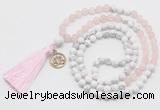 GMN6303 Knotted matte rose quartz & white howlite 108 beads mala necklace with tassel & charm